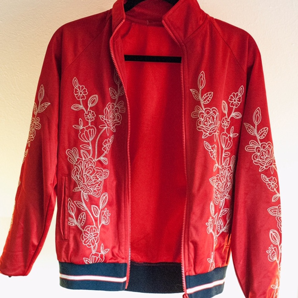 Red Satin Flora Embroidered Track Jacket w Stripe
